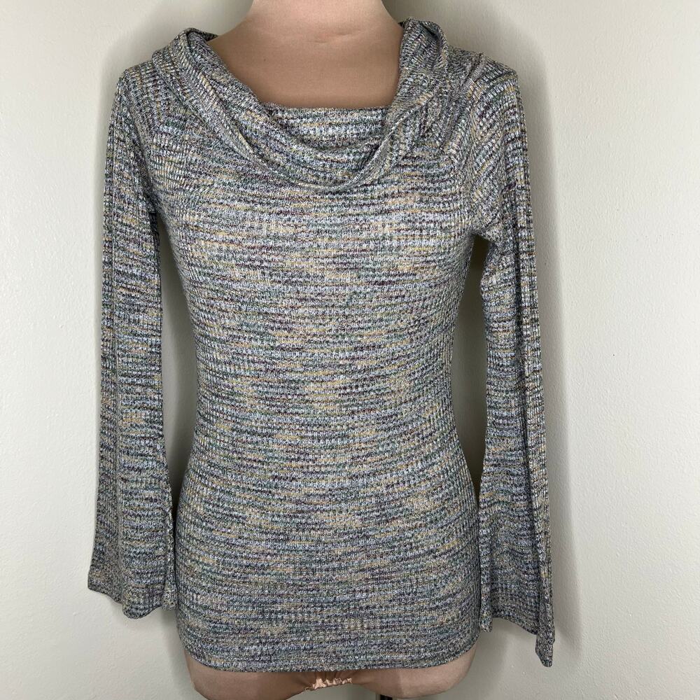 Philosophy Sweater Small Womens Waffle Knit Cowl Neck Bell Sleeve Gray Casual